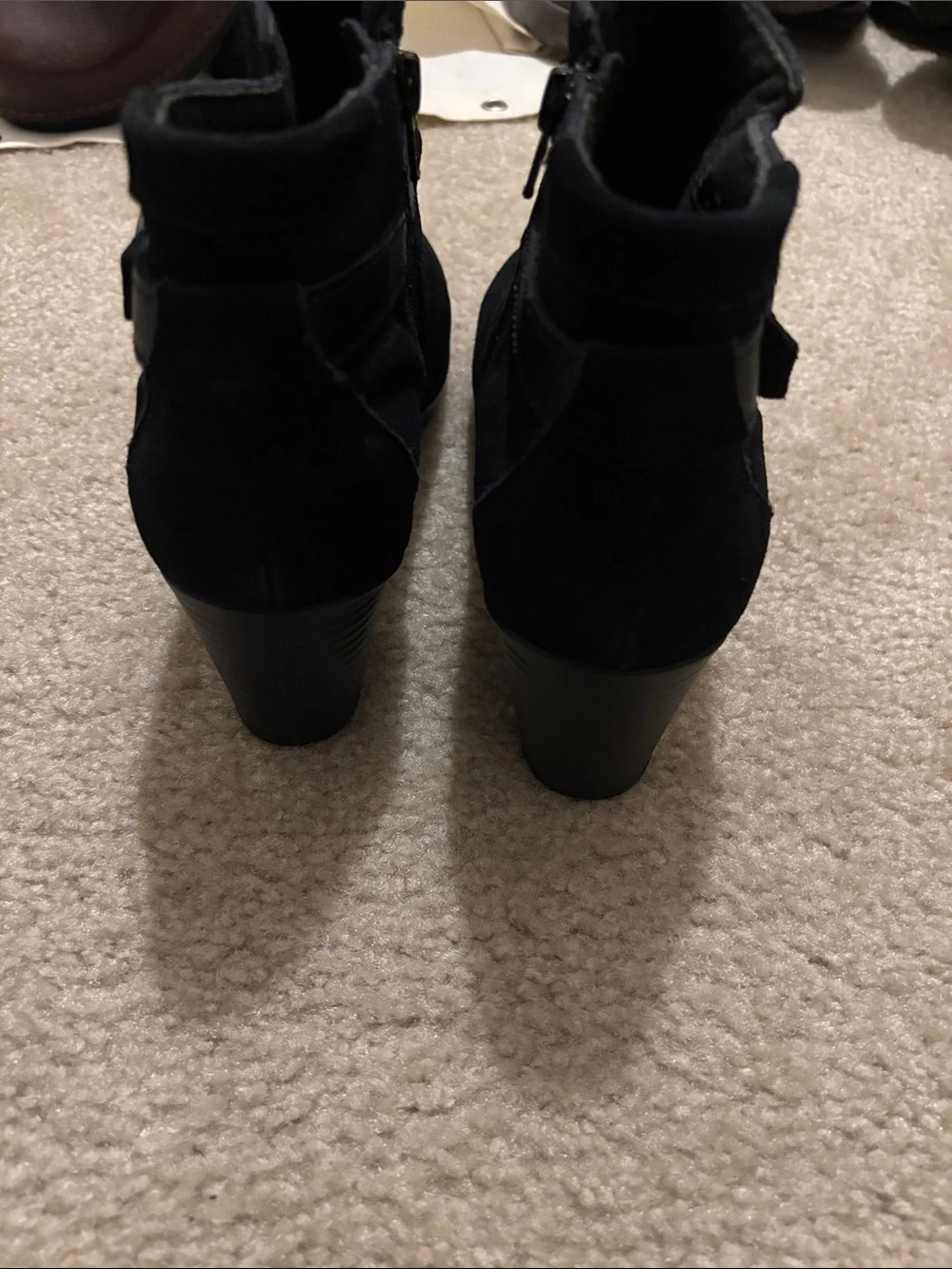 Clarks Black Suede Ankle Booties with Buckle and Braided Strap 7W